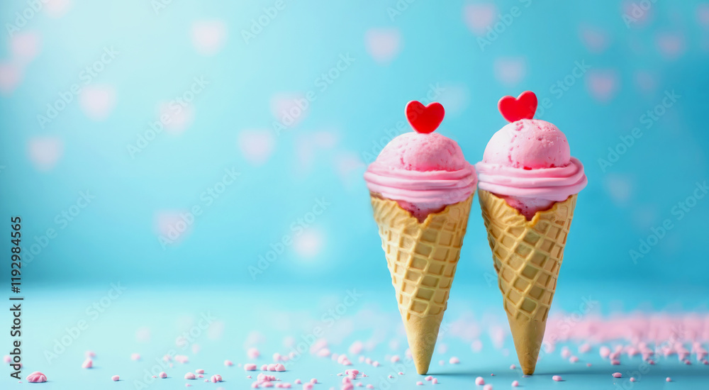 Pair sweet ice cream cones with hearts for Valentine's Day Pair sweet ice cream cones with hearts for Valentine's Day