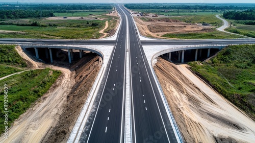 Aerial view of a highway construction site with a bridge overpass and vehicles on the road