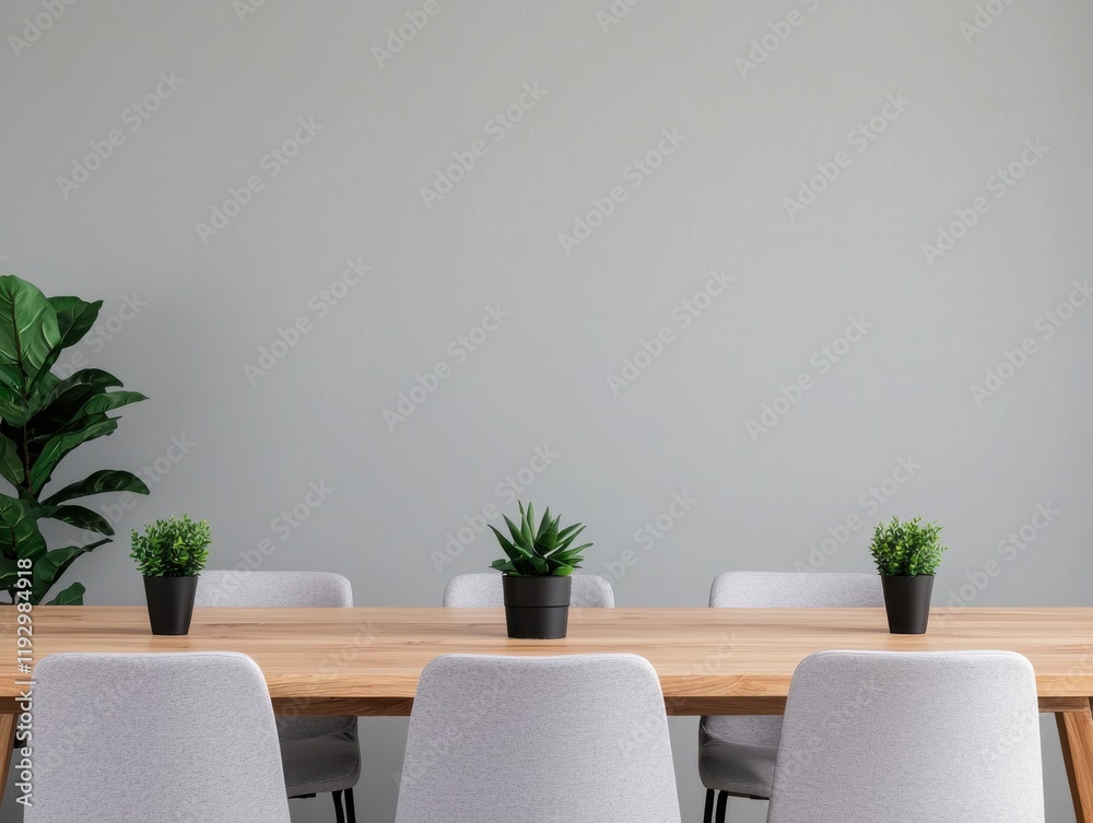 Modern office desk with plants creating a calm workspace for focused work or team meetings Modern office desk with plants creating a calm workspace for focused work or team meetings