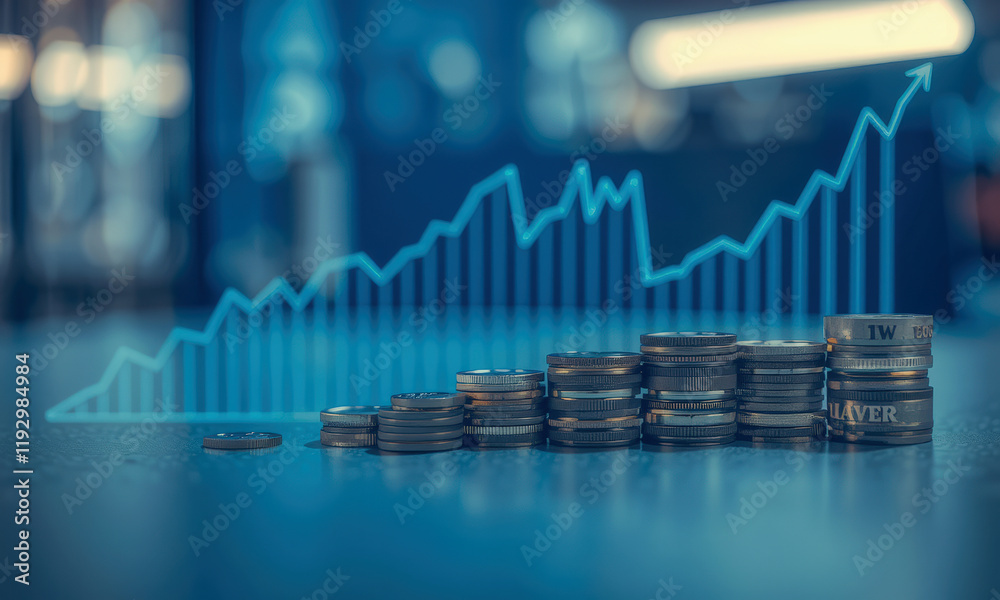 custom made wallpaper toronto digitalStacks of coins arranged in ascending order with financial graph overlay, symbolizing growth and investment success. blue toned background adds modern, digital feel to concept