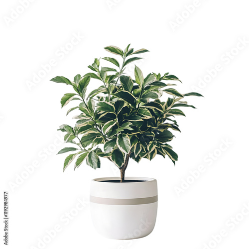 Potted Green Houseplant with Variegated Leaves in White Ceramic Pot on Transparent Background

