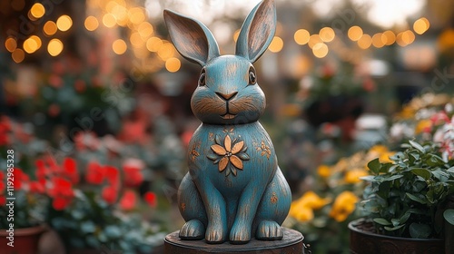 Blue Wooden Hare in a Festive Garden. Generative AI photo