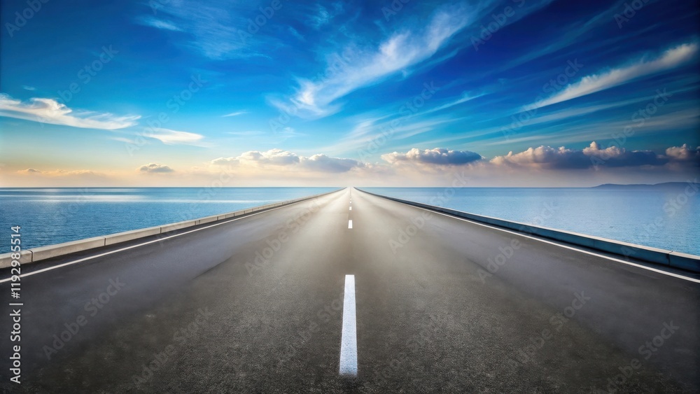 Fototapeta premium Asphalt road vanishing point towards a tranquil ocean under a vibrant sky