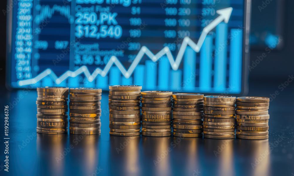 Stacks of coins are arranged in front of digital financial chart displaying rising trend, symbolizing economic growth and investment success Stacks of coins are arranged in front of digital financial chart displaying rising trend, symbolizing economic growth and investment success
