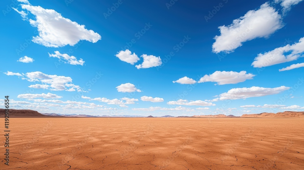 Expansive desert landscape under blue sky with clouds in a minimalist setting and clear horizon Expansive desert landscape under blue sky with clouds in a minimalist setting and clear horizon