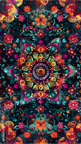 Vibrant Kaleidoscope Pattern of Geometric Shapes and Floral Motifs in Dazzling Colors