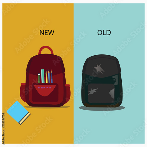 old vs new bag abstract school flat vector design illustration.