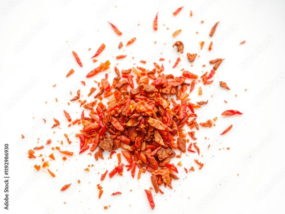 A close-up shot of a small portion of red pepper flakes, neatly arranged and sprinkled on a white plate, with a focus on the vibrant color, texture, and flavor, portion, texture A close-up shot of a small portion of red pepper flakes, neatly arranged and sprinkled on a white plate, with a focus on the vibrant color, texture, and flavor, portion, texture