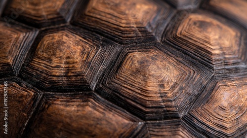 Extreme close-up of a tortoise shell displaying intricate patterns and textures in natural lighting