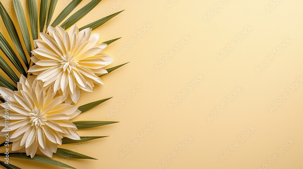 A yellow background with two white flowers on it A yellow background with two white flowers on it
