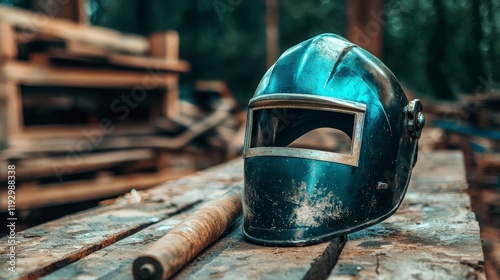 Vintage Welding Mask on Rustic Wooden Table Surrounded by Tools and Scrap Materials in an Outdoor Workspace, Capturing the Spirit of Craftsmanship and Industry photo