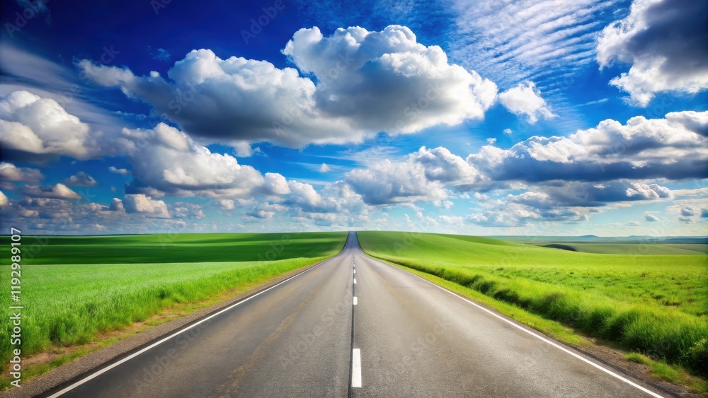 Asphalt road disappearing into a vibrant green field under a picturesque sky with fluffy clouds Asphalt road disappearing into a vibrant green field under a picturesque sky with fluffy clouds