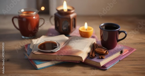 a colorful book with its cover slightly ajar beside a small cezve glass filled with aromatic hot coffee , color, warm, coffee photo