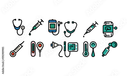 Medical Tools Vector Illustration with Stethoscope, Syringe, and Thermometer