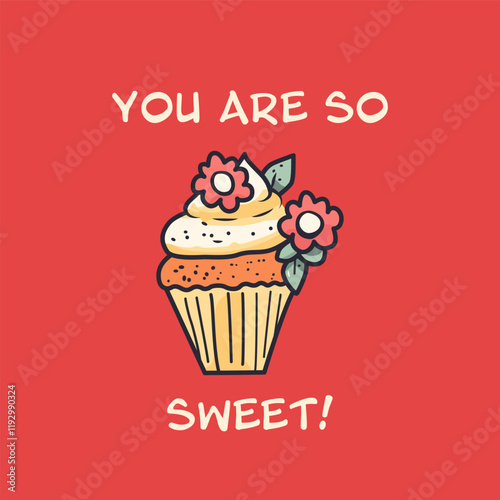Colorful cupcake design with flowers. Valentine's day card