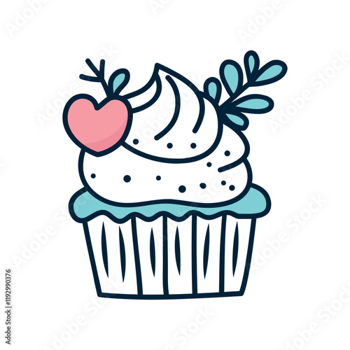 Colorful Vector Cupcake Design with Heart and Leaves for Bakery Branding