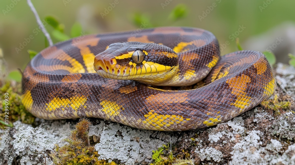 Stunning Close up of a Yellow and Brown Python Snake Coiled on Mossy Rock Stunning Close up of a Yellow and Brown Python Snake Coiled on Mossy Rock