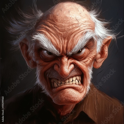 Angry Old Man Portrait: A Digital Painting of a Frowning, Wrinkled Senior with a Glaring Expression photo