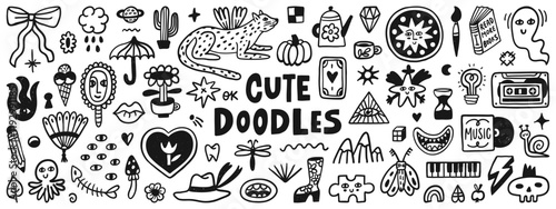 Cute doodle cartoon characters and abstract elements. Hand drawn vector set. Illustration elements for decor, pattern, poster, card or sticker design.