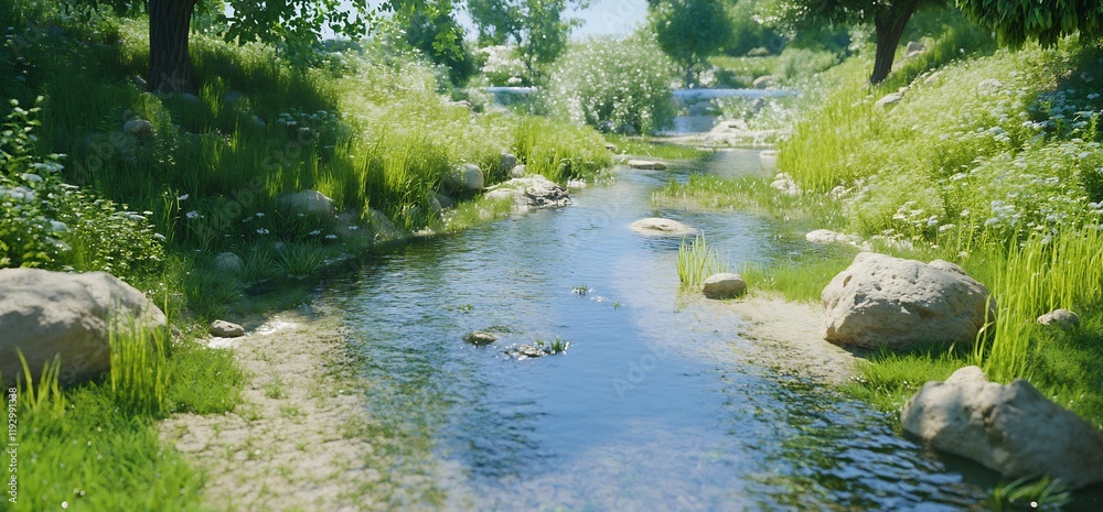 Sunny creek flows through lush green meadow. Peaceful nature scene Sunny creek flows through lush green meadow. Peaceful nature scene