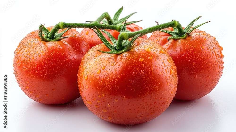Four ripe red tomatoes on the vine with water droplets. Four ripe red tomatoes on the vine with water droplets.