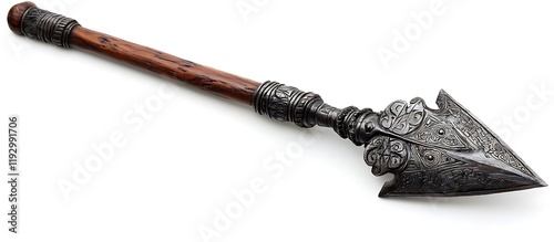 Unique African spear featuring a wooden handle with intricate carvings and a metal head with elaborate designs, isolated on white. Full ultra HD, photo