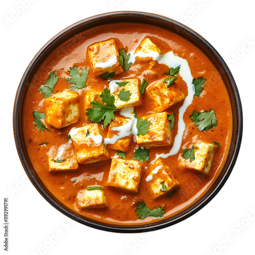 Paneer Butter Masala Garnished with Fresh Cilantro and Cream in a Black Bowl Isolated on a Transparent Background – Perfect for Indian Cuisine, Culinary, and Food Concepts

