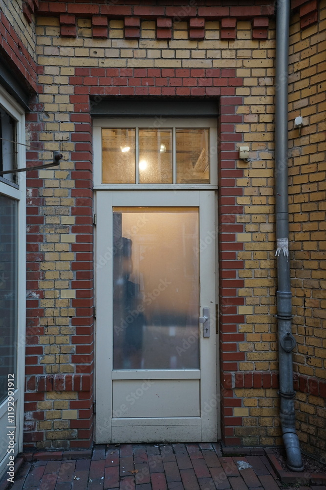 Hauseingang mit Glastür und beleuchtetem Flur in einem alten Backsteinbau im Hinterhof an der Neuen Schönhauser Straße im Stadtteil Mitte in der Hauptstadt Berlin Hauseingang mit Glastür und beleuchtetem Flur in einem alten Backsteinbau im Hinterhof an der Neuen Schönhauser Straße im Stadtteil Mitte in der Hauptstadt Berlin