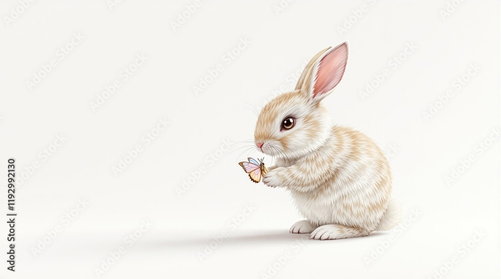 Obraz premium A little rabbit holding a butterfly in its paws , cute, cuddle, rabbit, hug, butterfly