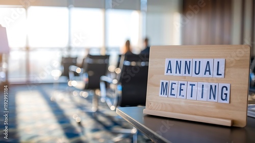 Annual Meeting business setting with blurred participants in a bright conference room