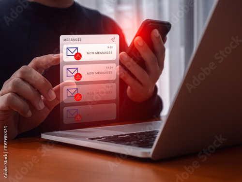 Wallpaper Mural SMS scam or fake text message phishing concept. System hacked warning alert, email hack, scam malware spreading virus on messages alert virtual on mobile smart phone screen in person people hand. Torontodigital.ca