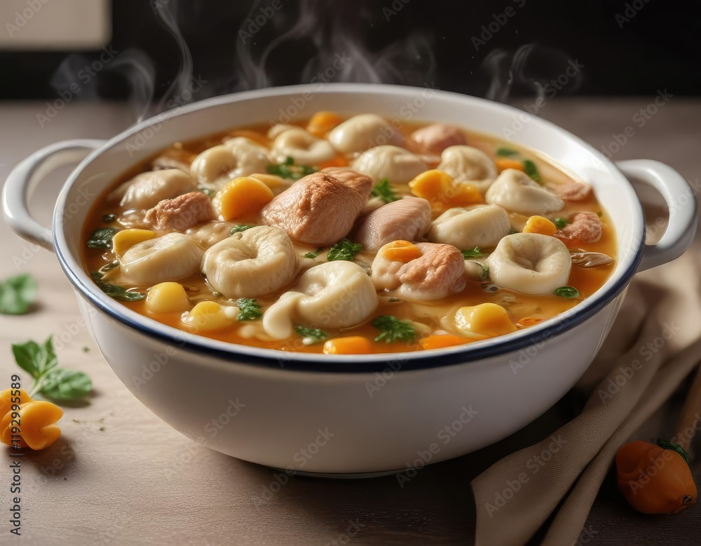 A bowl of steaming hot capon broth with floating cappelletti , brodo di cappone, food warming A bowl of steaming hot capon broth with floating cappelletti , brodo di cappone, food warming