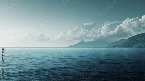 A serene ocean scene featuring distant mountains partially hidden by clouds, embodying tranquility and the vastness of nature's beauty and peace. photo