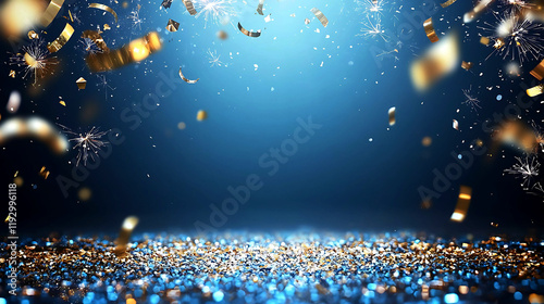 Golden ribbon background theme with bokeh lights and sparkling confetti, with space in the center for your text.