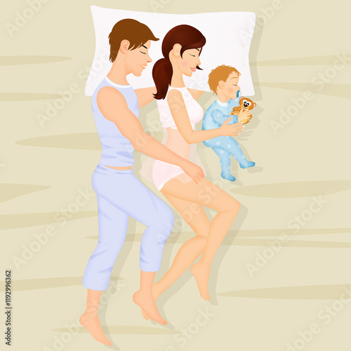 illustration of couple sleeping with baby in the bed