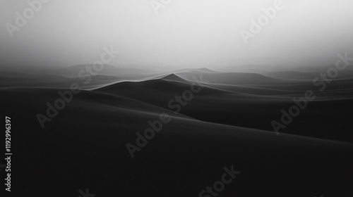 A monochromatic scene of desert dunes cast in dramatic shadows, presenting a haunting, mysterious landscape that evokes solitude and the passage of timelessness. photo