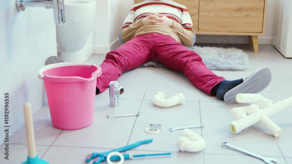 Frustrated man unable to repair the leaky bathroom sink by himself