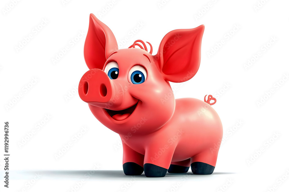Obraz premium A cheerful cartoon pig with a vibrant pink body and expressive blue eyes stands happily. The character has a friendly smile that adds to its charm, making it appealing