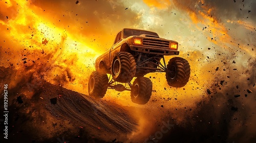 Monster truck airborne, fiery sunset backdrop.