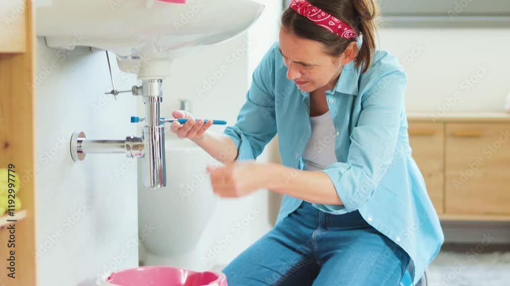 Frustrated woman unable to fix her sink