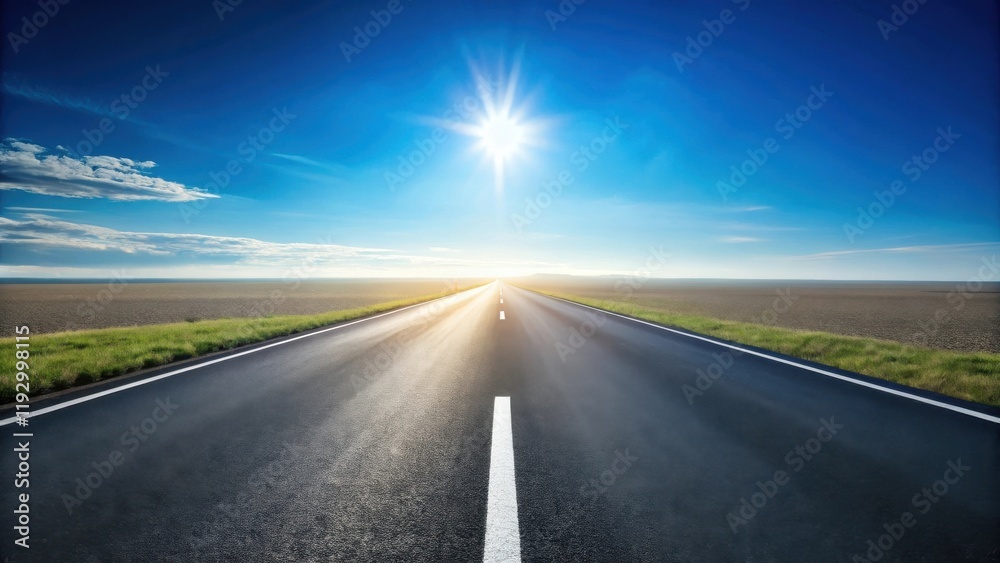 Naklejka premium Asphalt road vanishing into a bright sunlit horizon, flanked by grassy verges under a clear blue sky