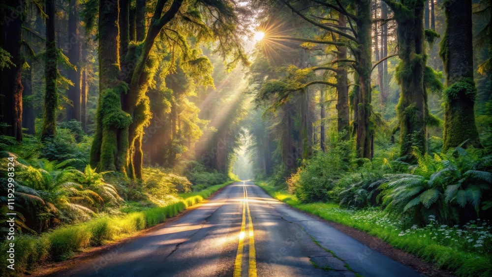 Fototapeta premium Sunlit Forest Road A Serene Journey Through Lush Greenery