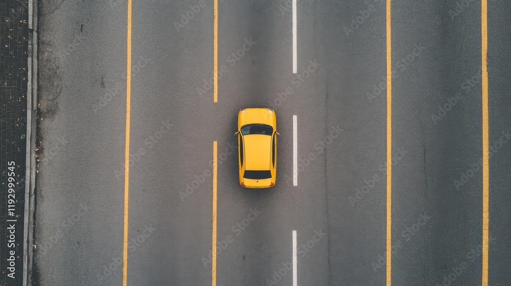 Aerial view of yellow car driving on highway.