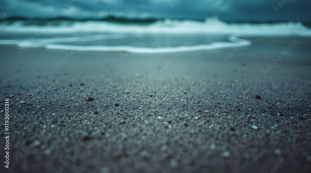 close-up of beach sand, moody atmosphere, textured grains, ocean waves close-up of beach sand, moody atmosphere, textured grains, ocean waves