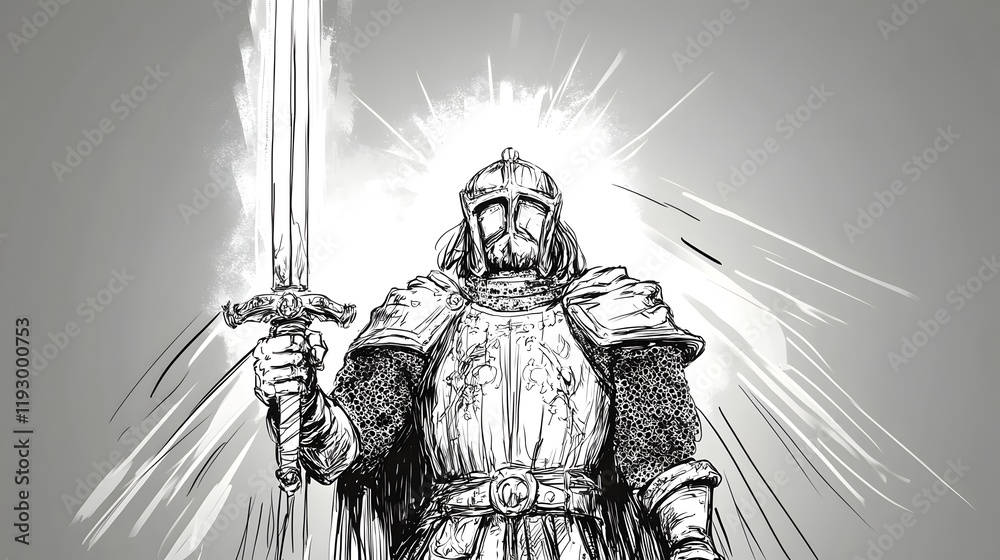 Fototapeta premium Heroic Knight in Ornate Armor Wielding Glowing Sword,Epic Fantasy Character Design
