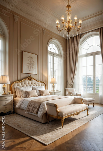 Close-up view of bedroom with bed and chandelier	
