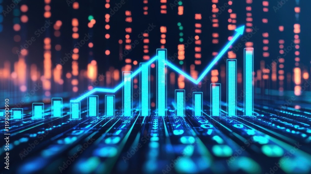 Fototapeta premium Futuristic data visualization with glowing graphs and binary elements representing growth and analytics.