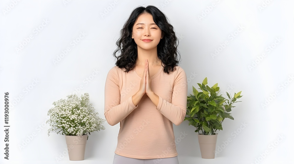 Asian Woman in Yoga Attire Expressing Mindfulness and Balance Against Neutral Wall Asian Woman in Yoga Attire Expressing Mindfulness and Balance Against Neutral Wall