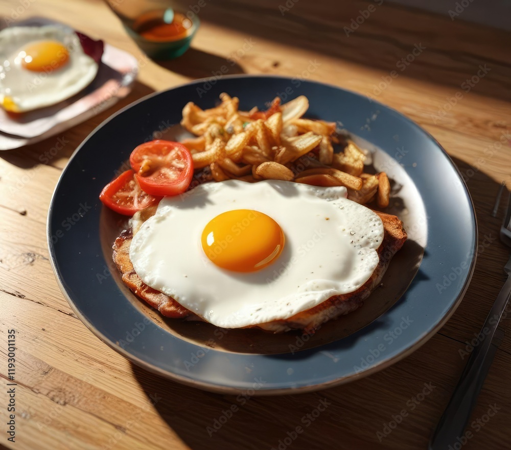 A plate with a fried egg on it, placed on a wooden table , food, golden A plate with a fried egg on it, placed on a wooden table , food, golden