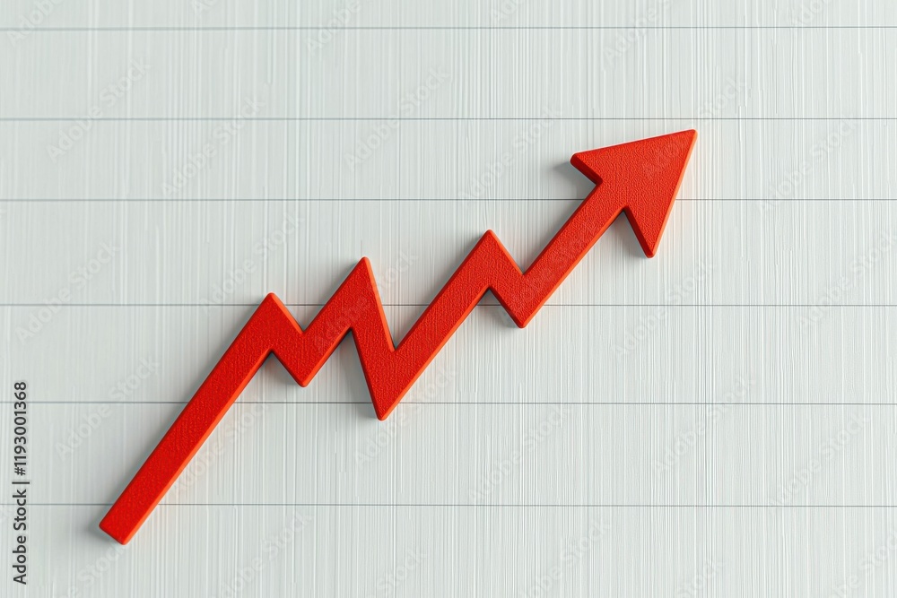 Red upward arrow symbolizing growth and progress against a textured white background. Red upward arrow symbolizing growth and progress against a textured white background.